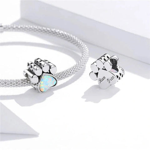 Paw Print Charm with Iridescent Heart Center - Fits pandora Bracelet