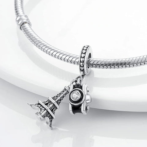 Eiffel Tower and Camera Dangle Charm - Fits snake chain bracelet
