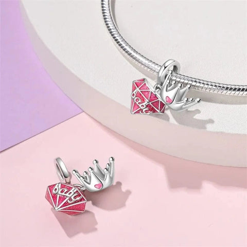 Baby Crown Charm with Pink Enamel - Fits pandora Bracelet
