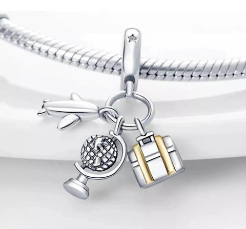 Sterling Silver Globe, Luggage, and Airplane Travel Charm - Sterling Silver Globe, Luggage, and Airplane Travel Charm