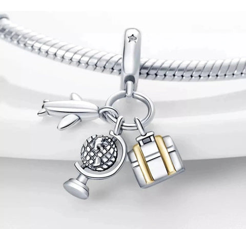 Sterling Silver Globe, Luggage, and Airplane Travel Charm - Fits pandora Bracelet