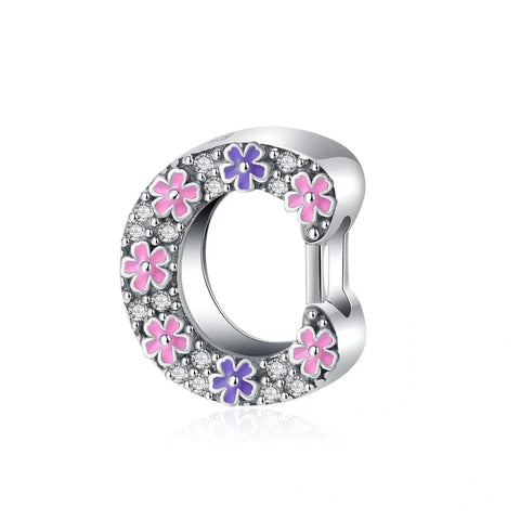Pink & Purple Flower Letter A-Z Alphabet Charm - Fits pandora Bracelet