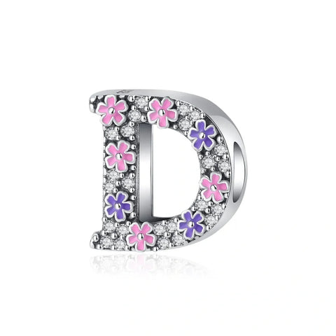 Pink & Purple Flower Letter A-Z Alphabet Charm - Fits pandora Bracelet