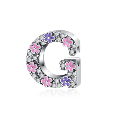 Pink & Purple Flower Letter A-Z Alphabet Charm - Fits pandora Bracelet