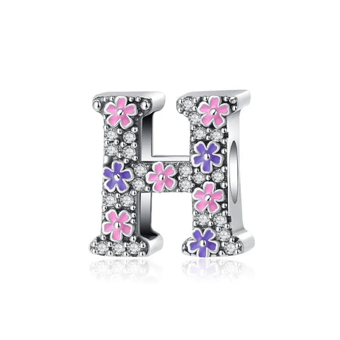 Pink & Purple Flower Letter A-Z Alphabet Charm - Fits pandora Bracelet