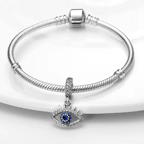 Sparkling Evil Eye Sterling Silver Charm with Blue Gemstone Center