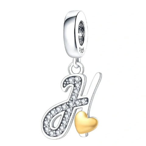 Cursive Gold Heart Letter A-Z Alphabet Charm - Fits pandora Bracelet