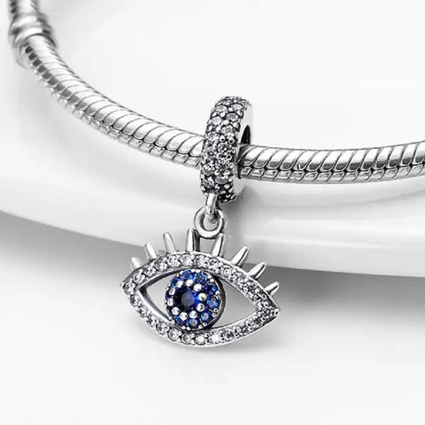 Sparkling Evil Eye Sterling Silver Charm with Blue Gemstone Center - Sparkling Evil Eye Sterling Silver Charm with Blue Gemstone Center