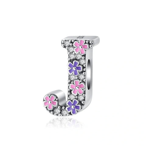 Pink & Purple Flower Letter A-Z Alphabet Charm - Fits pandora Bracelet