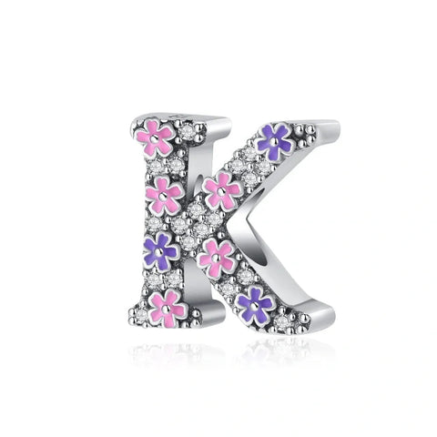 Pink & Purple Flower Letter A-Z Alphabet Charm - Fits pandora Bracelet