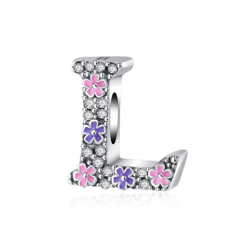 Pink & Purple Flower Letter A-Z Alphabet Charm - Fits pandora Bracelet