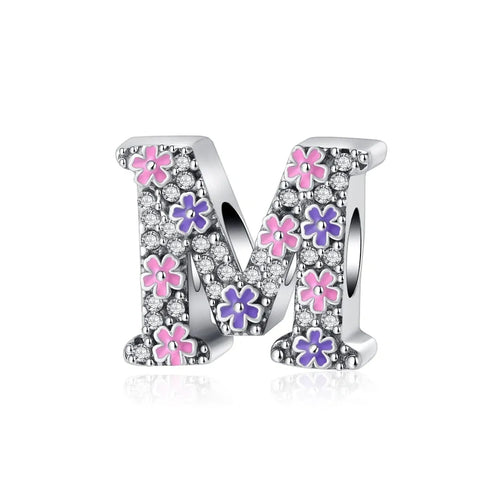 Pink & Purple Flower Letter A-Z Alphabet Charm - Fits pandora Bracelet