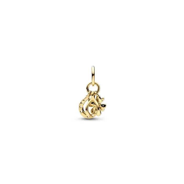 14K Lucky Clover Wishbone Horseshoe Dangle Charm - Lucky charm featuring a clover, wishbone, and horseshoe, crafted in 14K gold.