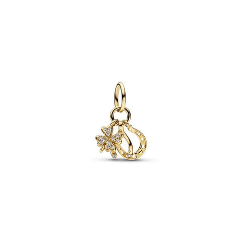 K Lucky Clover Wishbone Horseshoe Dangle Charm - Triple dangle with clover, wishbone, and horseshoe for extra luck, crafted in K gold.
