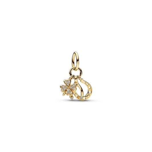 14K Lucky Clover Wishbone Horseshoe Dangle Charm - Triple dangle with clover, wishbone, and horseshoe for extra luck, crafted in 14K gold.