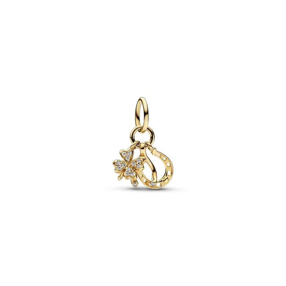 Lucky Clover, Wishbone & Horseshoe Dangle Charm - 14K Lucky Clover Wishbone Horseshoe Dangle Charm - Triple dangle with clover, wishbone, and horseshoe for extra luck, crafted in 14K gold.