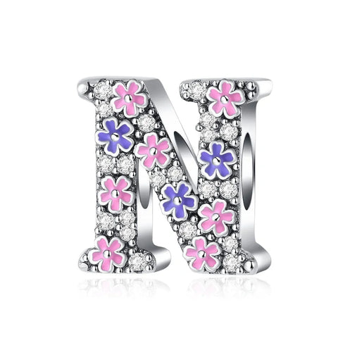 Pink & Purple Flower Letter A-Z Alphabet Charm - Fits pandora Bracelet
