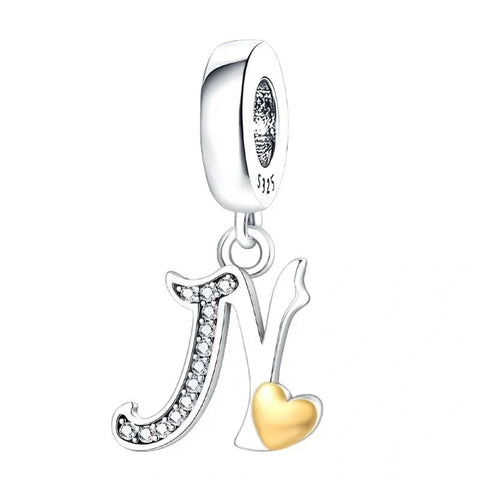 Cursive Gold Heart Letter A-Z Alphabet Charm - Fits pandora Bracelet
