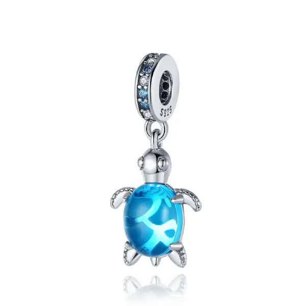 Sterling silver blue sea turtle charm with blue crystals