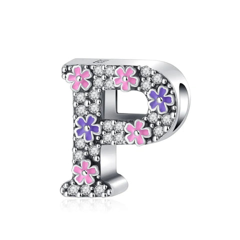 Pink & Purple Flower Letter A-Z Alphabet Charm - Fits pandora Bracelet