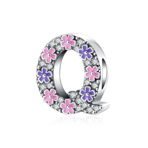 Pink & Purple Flower Letter A-Z Alphabet Charm - Fits pandora Bracelet