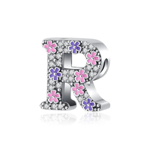 Pink & Purple Flower Letter A-Z Alphabet Charm - Fits pandora Bracelet