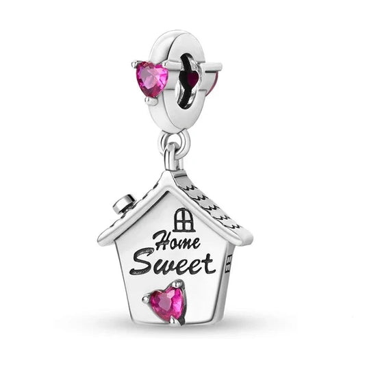 Sterling silver "Home Sweet Home" charm with pink heart crystals, designed to fit Pandora bracelets.