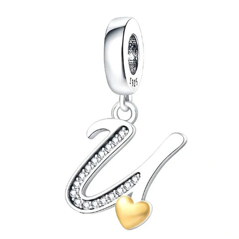 Cursive Gold Heart Letter A-Z Alphabet Charm - Fits pandora Bracelet