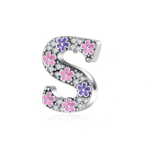 Pink & Purple Flower Letter A-Z Alphabet Charm - Fits pandora Bracelet