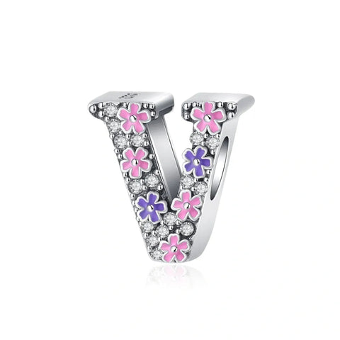 Pink & Purple Flower Letter A-Z Alphabet Charm - Fits pandora Bracelet