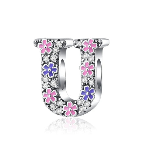 Pink & Purple Flower Letter A-Z Alphabet Charm - Fits pandora Bracelet