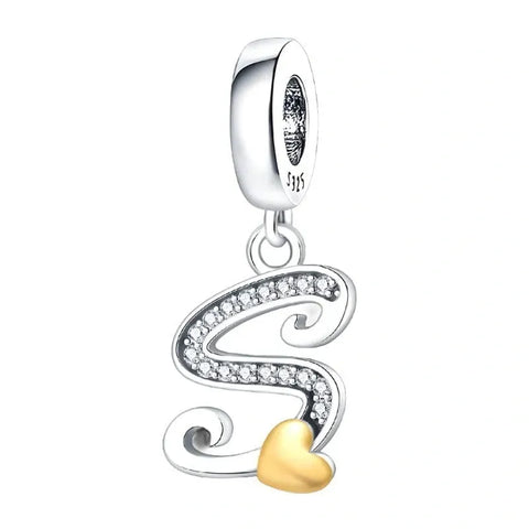 Cursive Gold Heart Letter A-Z Alphabet Charm - Fits pandora Bracelet