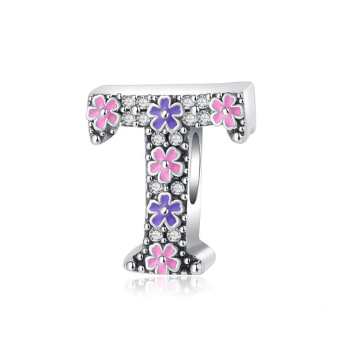 Pink & Purple Flower Letter A-Z Alphabet Charm - Fits pandora Bracelet