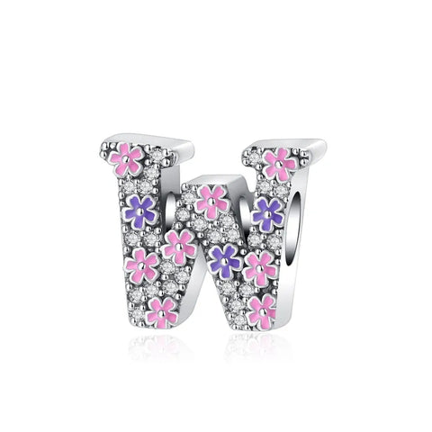 Pink & Purple Flower Letter A-Z Alphabet Charm - Fits pandora Bracelet