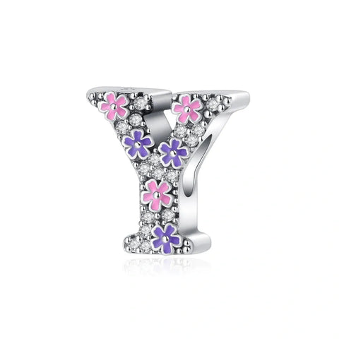Pink & Purple Flower Letter A-Z Alphabet Charm - Fits pandora Bracelet
