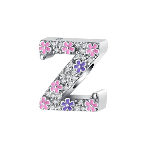 Pink & Purple Flower Letter A-Z Alphabet Charm - Fits pandora Bracelet