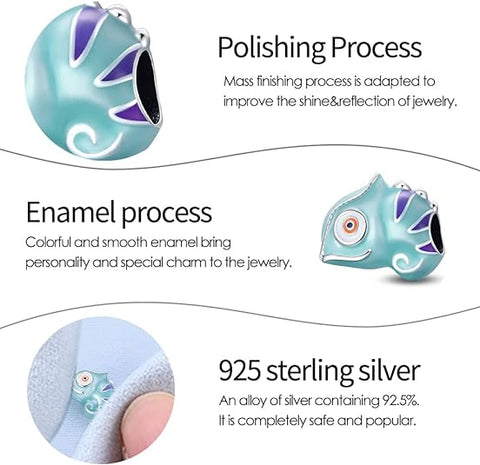 chameleon charm in sterling silver with intricate enamel work, compatible with Pandora bracelets.