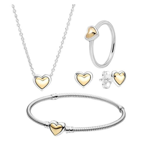 Sterling silver jewelry set with gold-plated heart accents, includes necklace, ring, earrings, and bracelet compatible with Pandora.