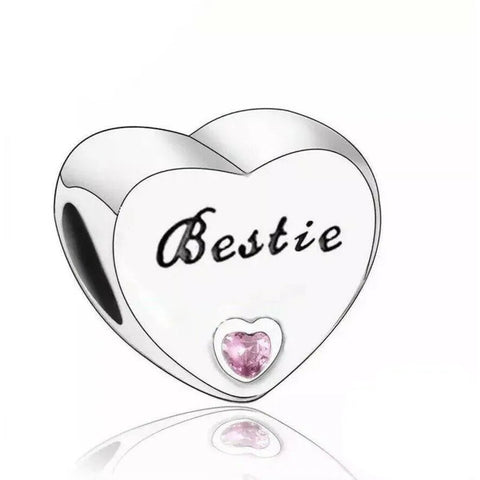 Sterling Silver Bestie Pink CZ Heart Bead Charm - Sterling Silver Bestie Pink CZ Heart Bead Charm