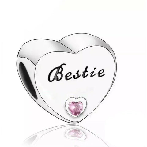  Sterling Silver Bestie Pink CZ Heart Bead Charm