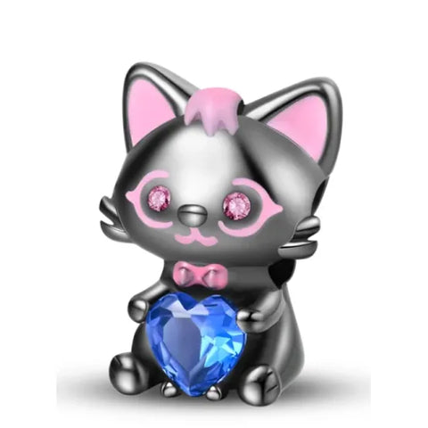 Sterling Silver Black Cat with blue Heart Charm - Sterling Silver Black Cat with blue Heart Charm