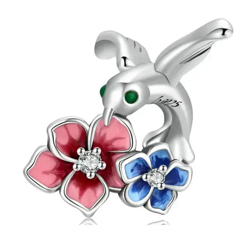 Sterling Silver Blooming Bird & Flowers Charm - Sterling Silver Blooming Bird & Flowers Charm