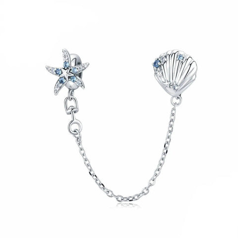 Sterling Silver Blue CZ Starfish and Shell Silicone Safety Chain - Sterling Silver Blue CZ Starfish and Shell Silicone Safety Chain