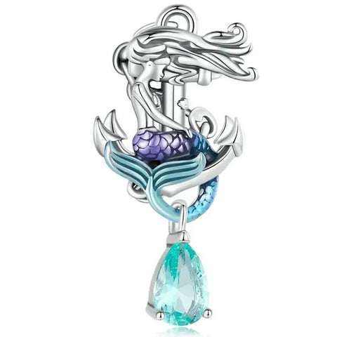 Sterling Silver Blue Enamel Mermaid Dangle Charm - Sterling Silver Blue Enamel Mermaid Dangle Charm