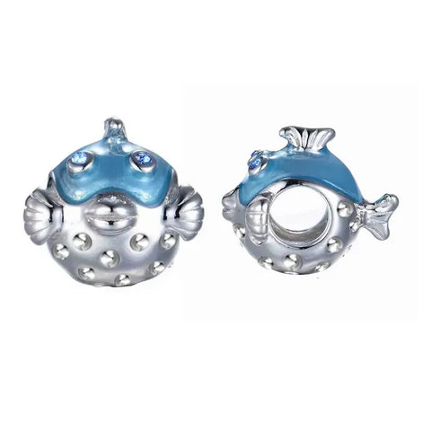 Sterling Silver Blue Enamel Puffer Fish Charm - Sterling Silver Blue Enamel Puffer Fish Charm