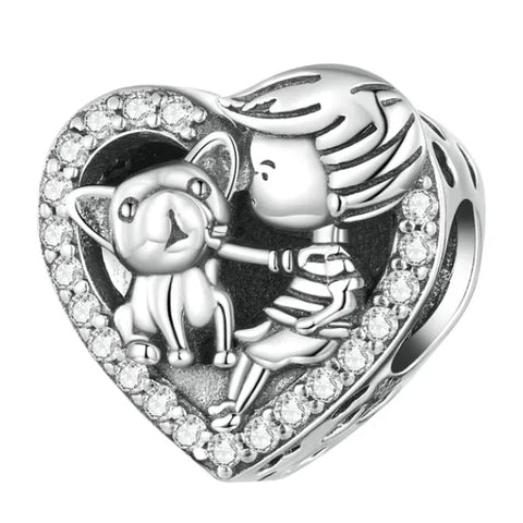 Sterling Silver Boy & Dog Heart Best Friend Charm - Sterling Silver Boy & Dog Heart Best Friend Charm