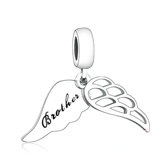 Sterling Silver Brother Engraved Angel Wings Dangle Charm