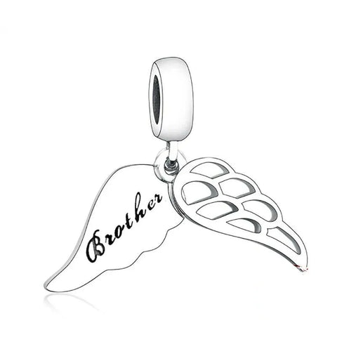 Sterling Silver Brother Engraved Angel Wings Dangle Charm - Sterling Silver Brother Engraved Angel Wings Dangle Charm