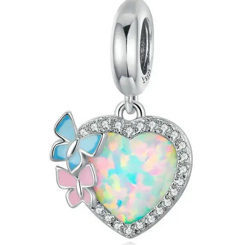 Sterling Silver Butterfly Opal Heart Charm