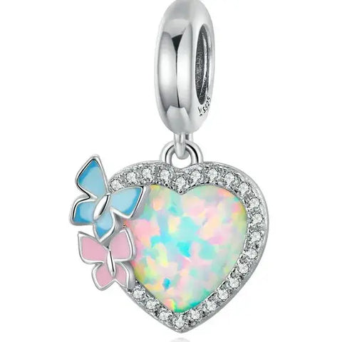 Sterling Silver Butterfly Opal Heart Charm - Sterling Silver Butterfly Opal Heart Charm